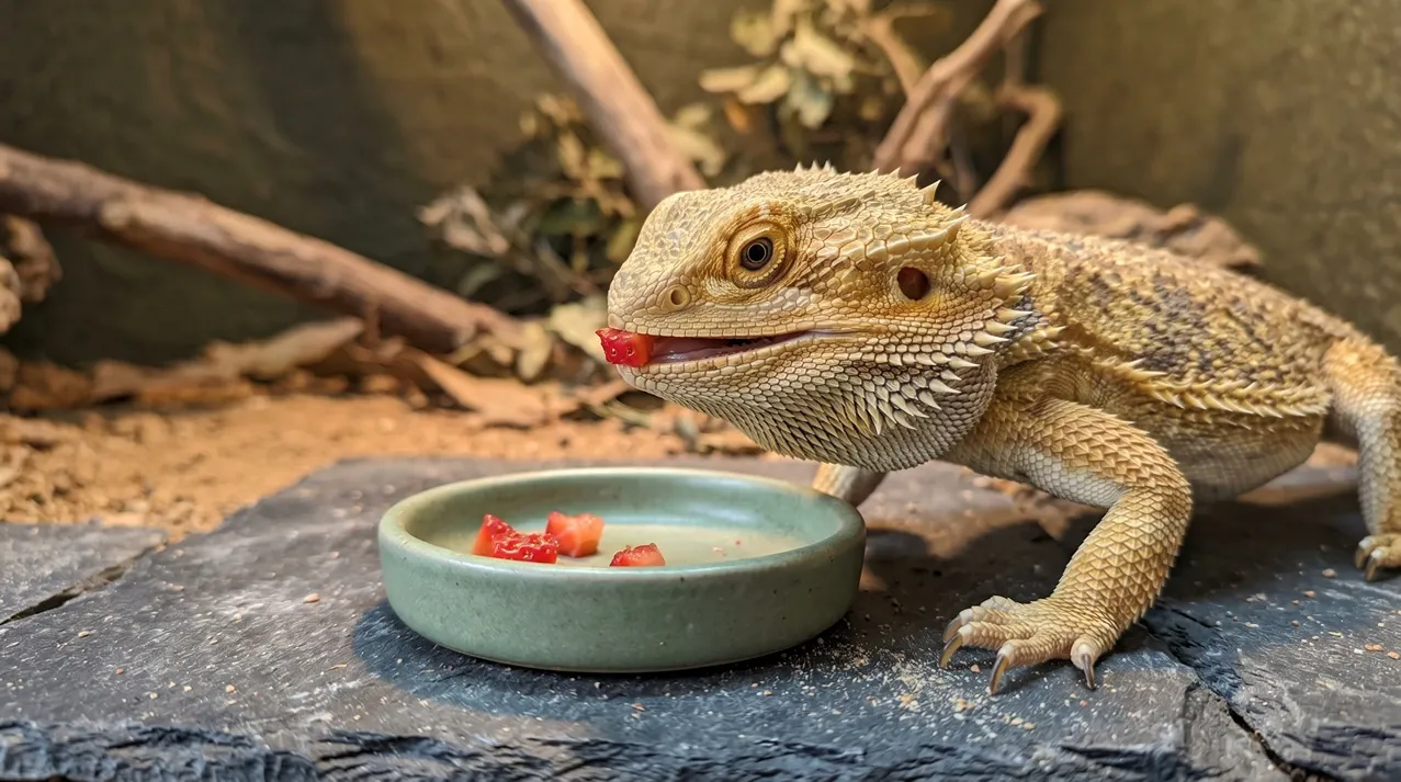 Adult bearded dragon taking a small chopped strawberry piece from a green dish on a slate tile