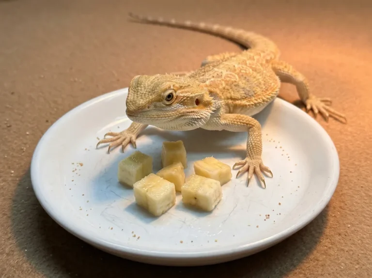 A bearded dragon standing over a feeding dish with several diced banana pieces