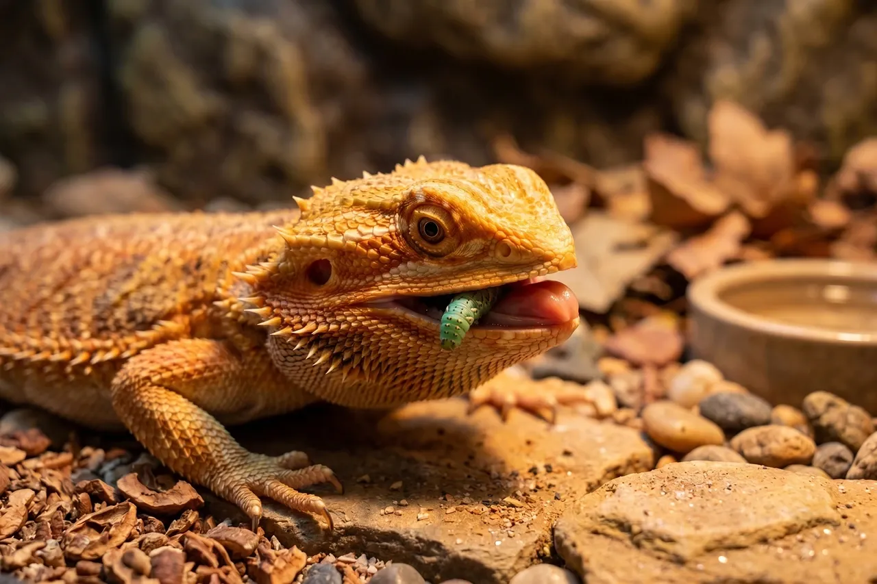 Bearded dragon eating a live green feeder insect in its enclosure showing the natural hunting response
