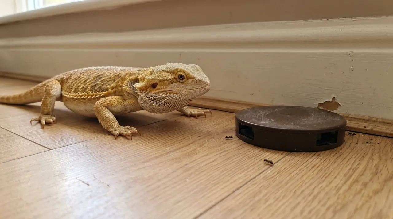 Bearded dragon at floor level stalking toward a brown ant bait station beside the skirting board