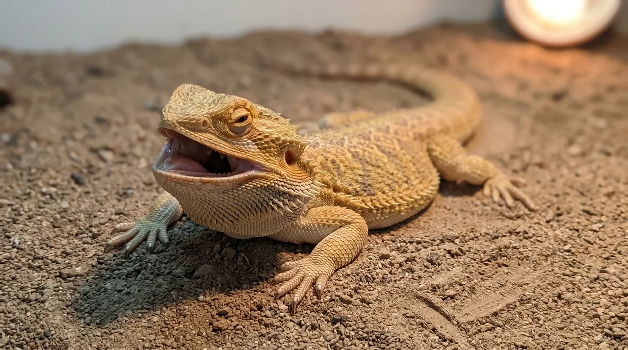 Bearded dragon gaping with half-closed eyes away from its basking spot, a sign of overheating