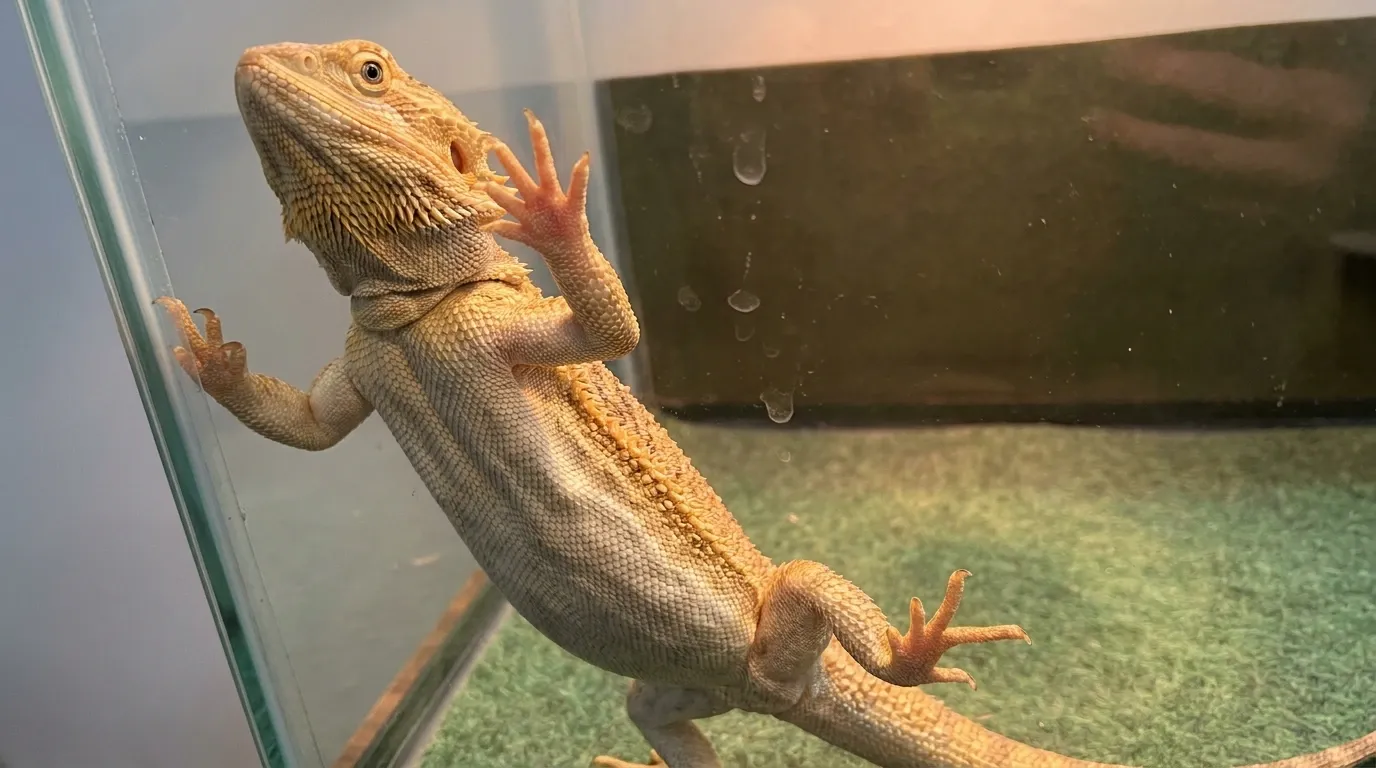 Bearded dragon glass surfing with claws pressed against the enclosure glass near the top