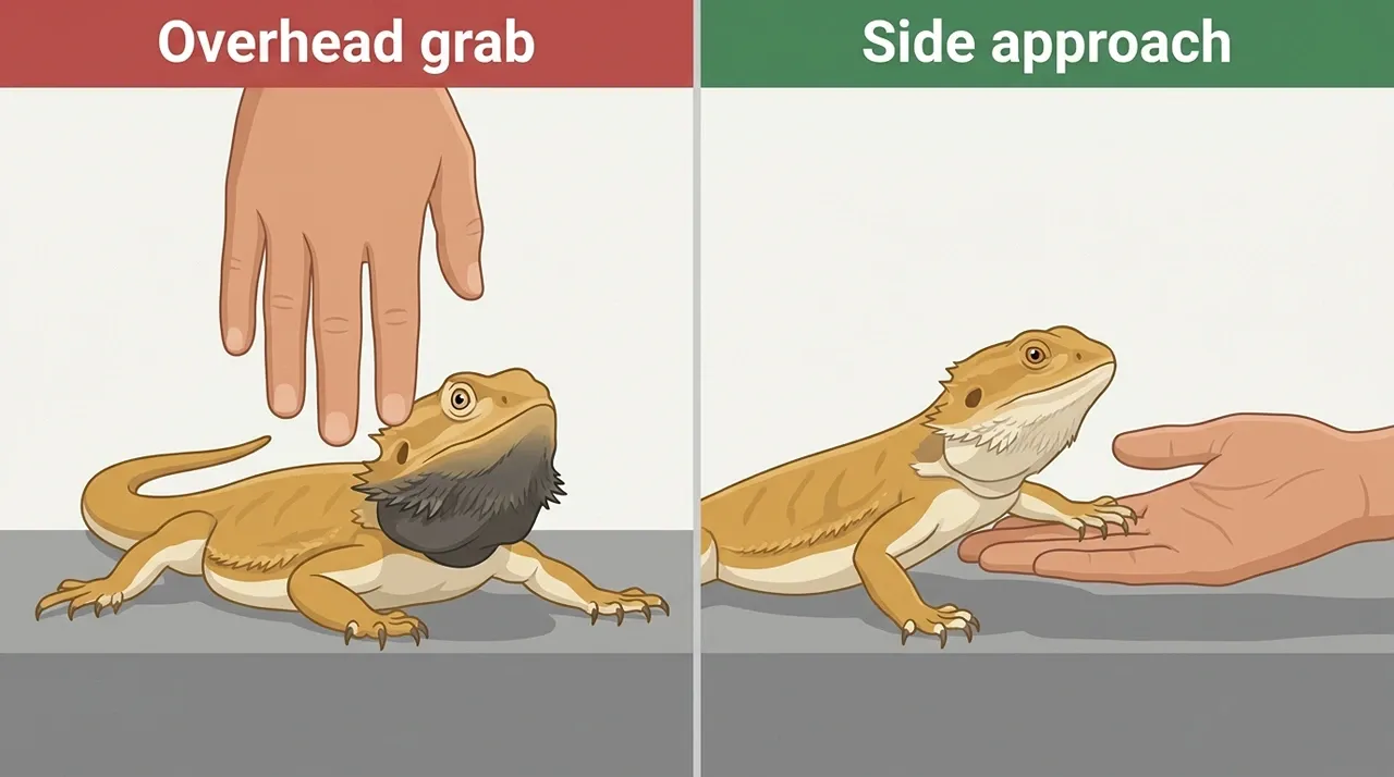 Two-panel comparison of grabbing a bearded dragon from above versus approaching with a flat palm from the side