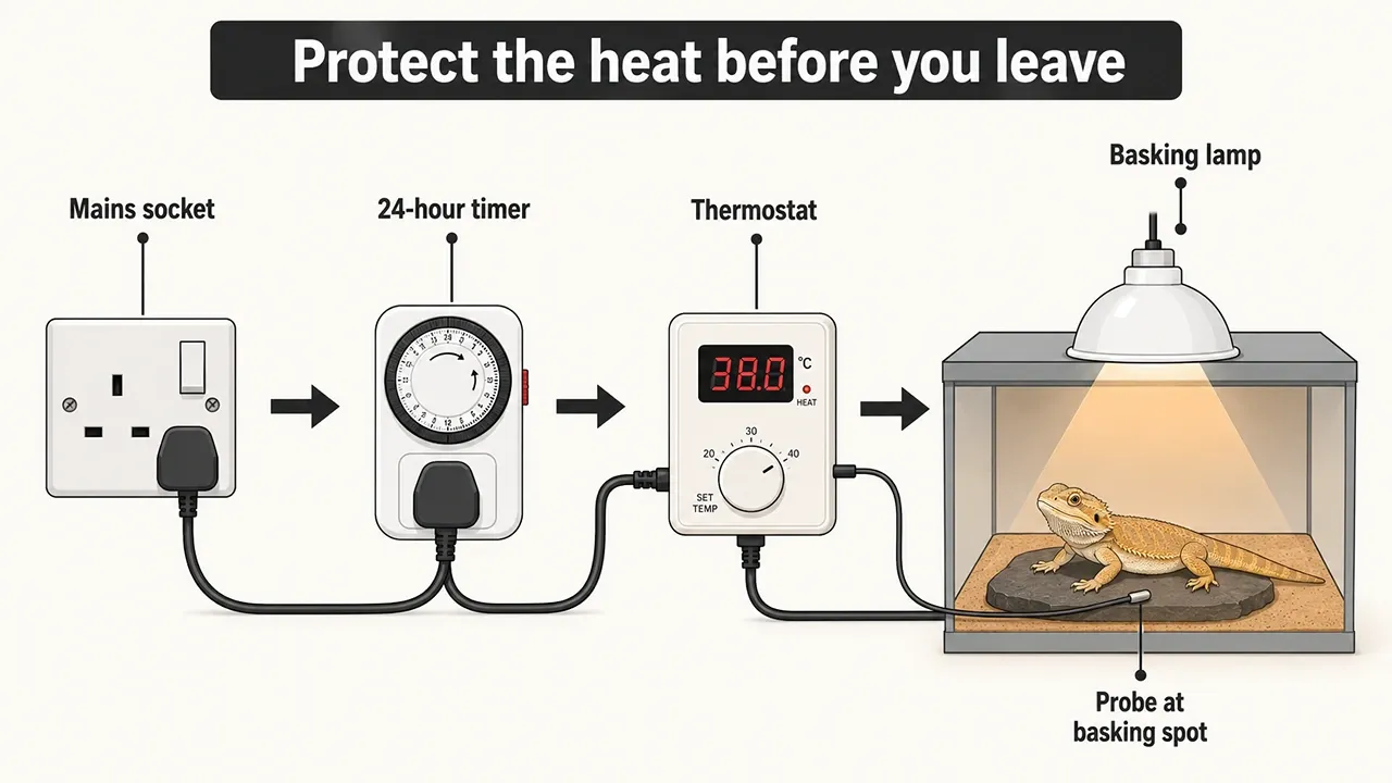 Diagram of a heat lamp wired through a timer and thermostat with the probe at a bearded dragon's basking spot