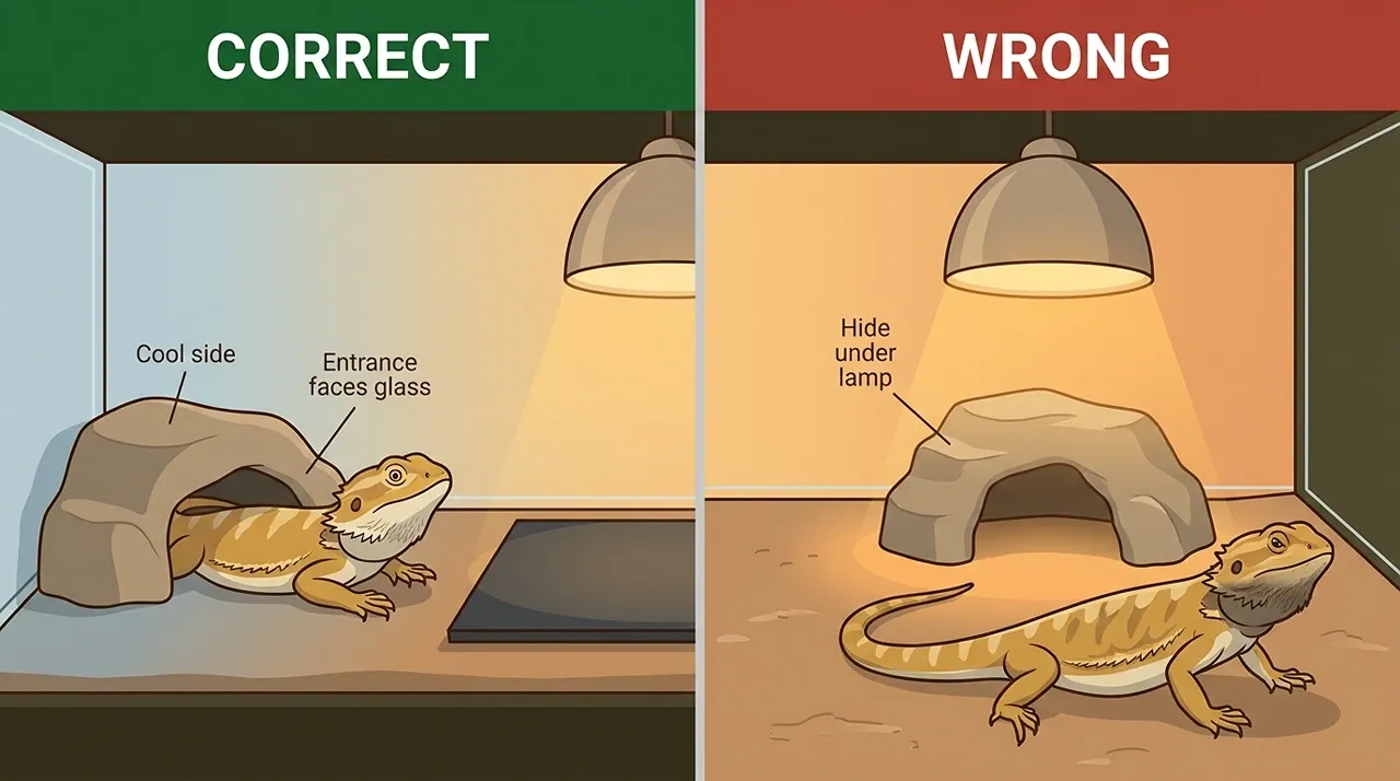 Bearded dragon hide placement compared, cool-side hide versus a hide baking under the lamp