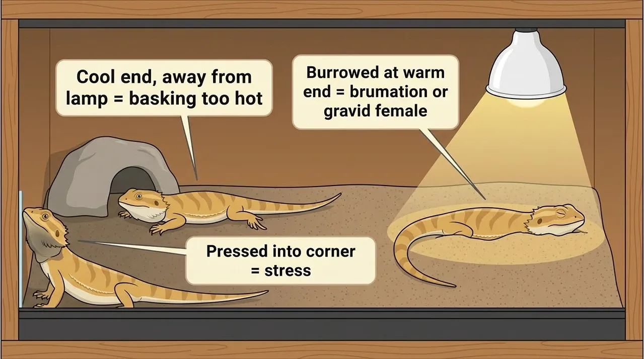 Diagram showing a bearded dragon hiding at the cool end, burrowed at the warm end, and pressed into a corner