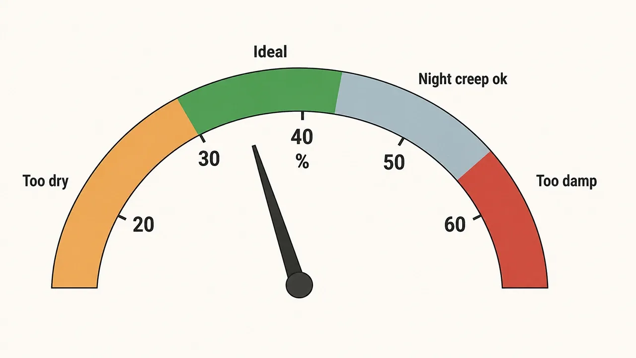 Humidity gauge showing the ideal 30 to 40 percent bearded dragon humidity range with brief night creep acceptable