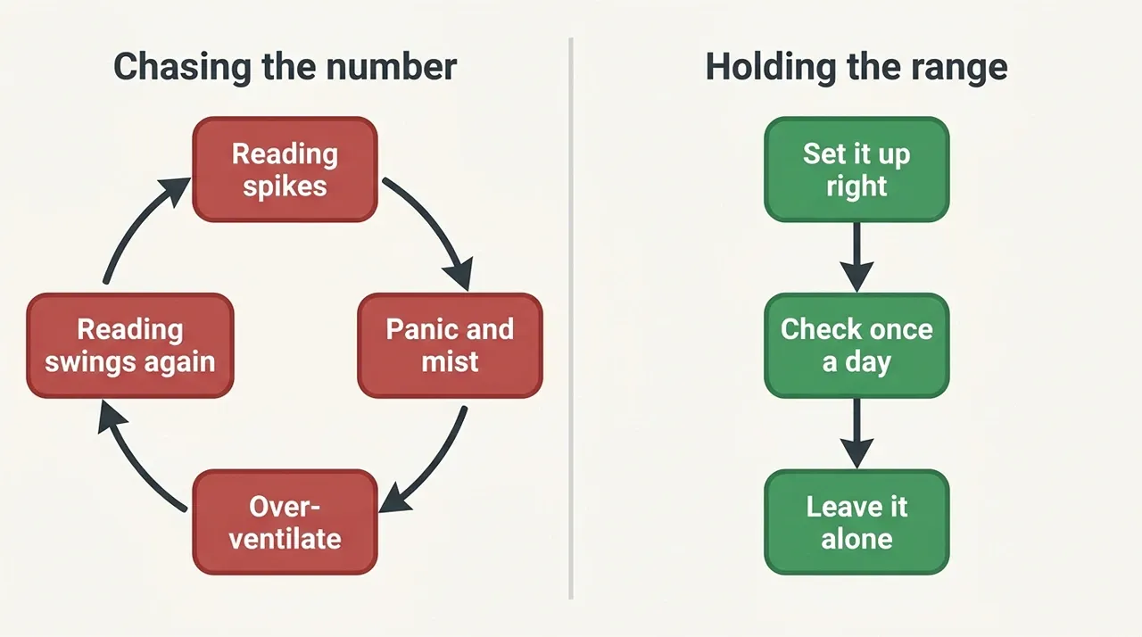Flowchart contrasting the cycle of chasing humidity readings with a calm once-a-day check habit