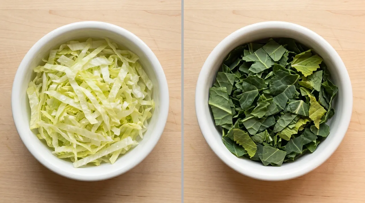 Top-down comparison of a bowl of pale shredded iceberg lettuce beside a bowl of dark chopped collard greens