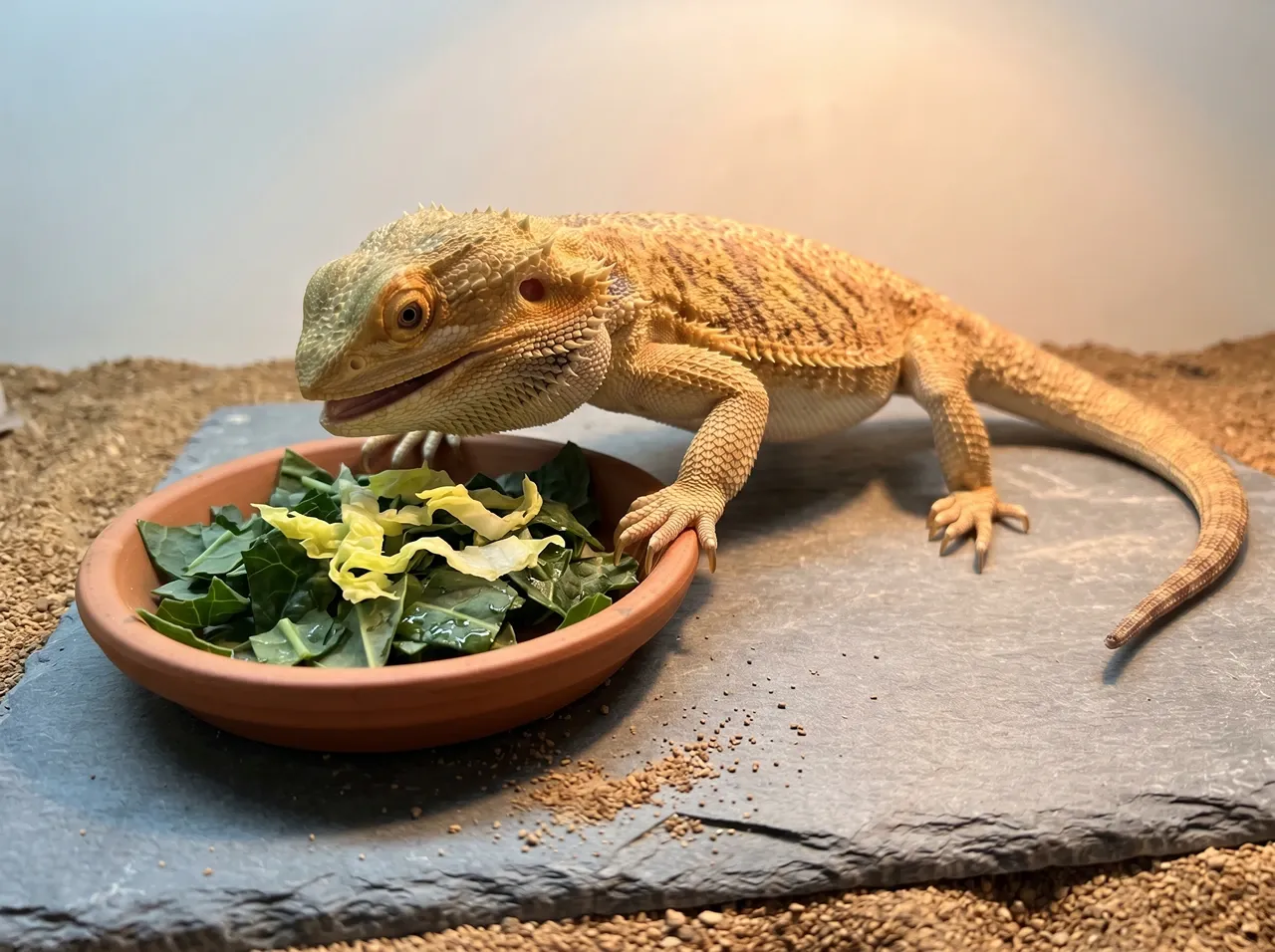 Adult bearded dragon eating from a feeding dish of chopped collard greens topped with a small amount of shredded romaine