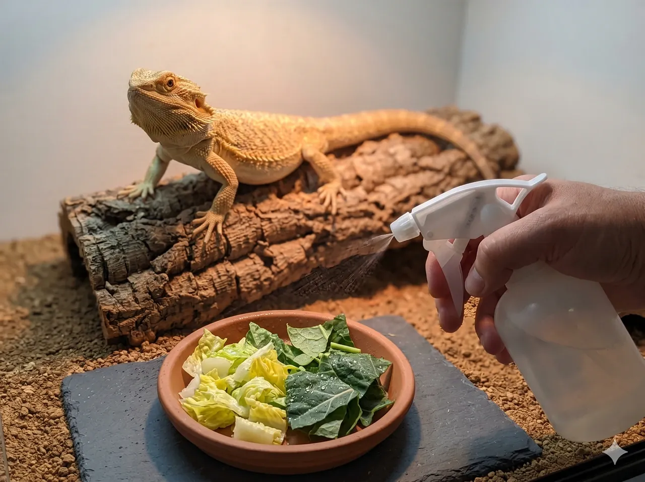 Keeper's hand misting a bowl of romaine and collard greens with a spray bottle inside a bearded dragon enclosure