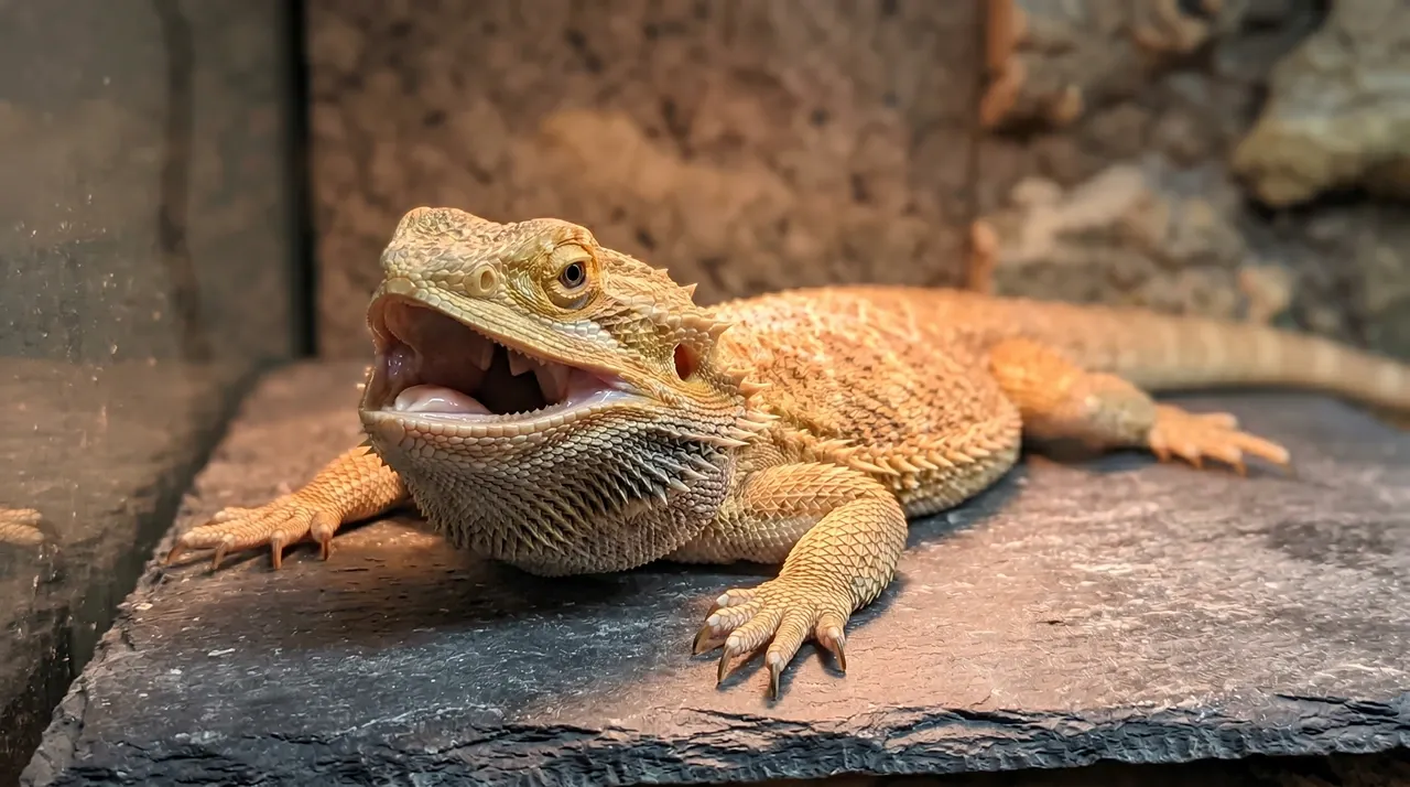 Bearded dragon gaping wide-mouthed under a basking lamp, a sign of overheating