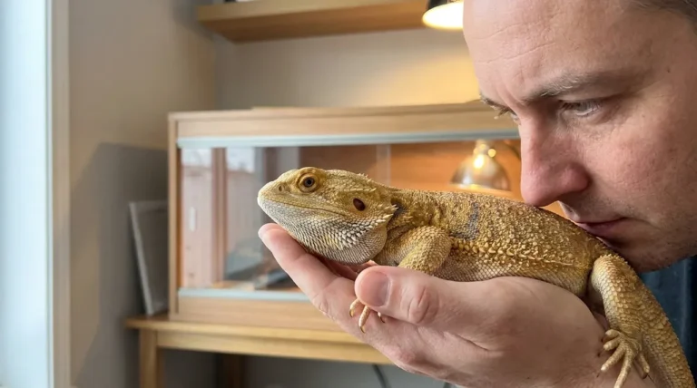 A man holding a bearded dragon up to his face to smell it, with a vivarium in the background