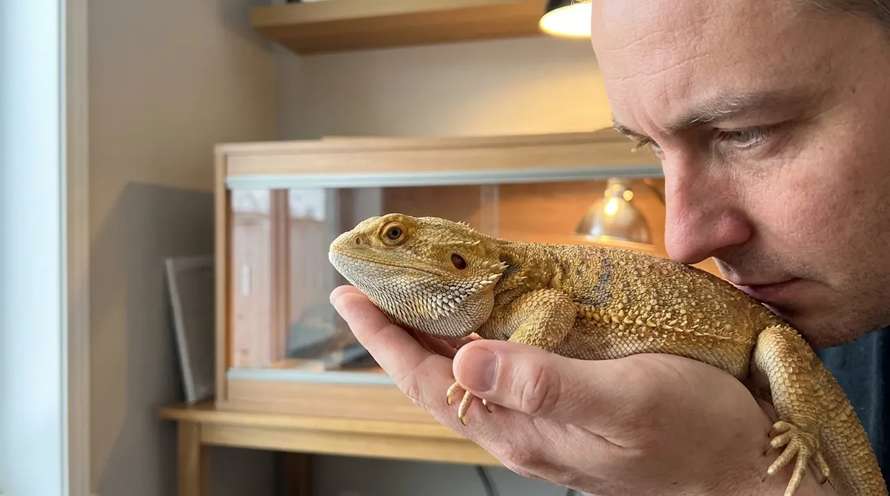 A man holding a bearded dragon up to his face to smell it, with a vivarium in the background