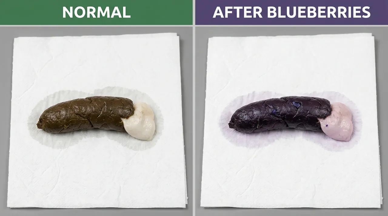 Normal brown bearded dragon stool beside purple-black blueberry-stained stool on white paper towel