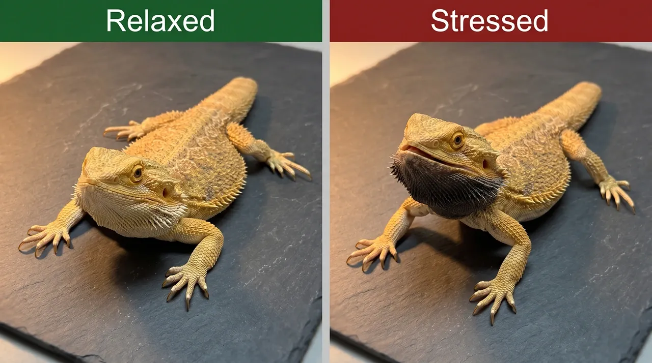 Side by side of the same bearded dragon with a relaxed pale beard and a stressed dark puffed beard on slate