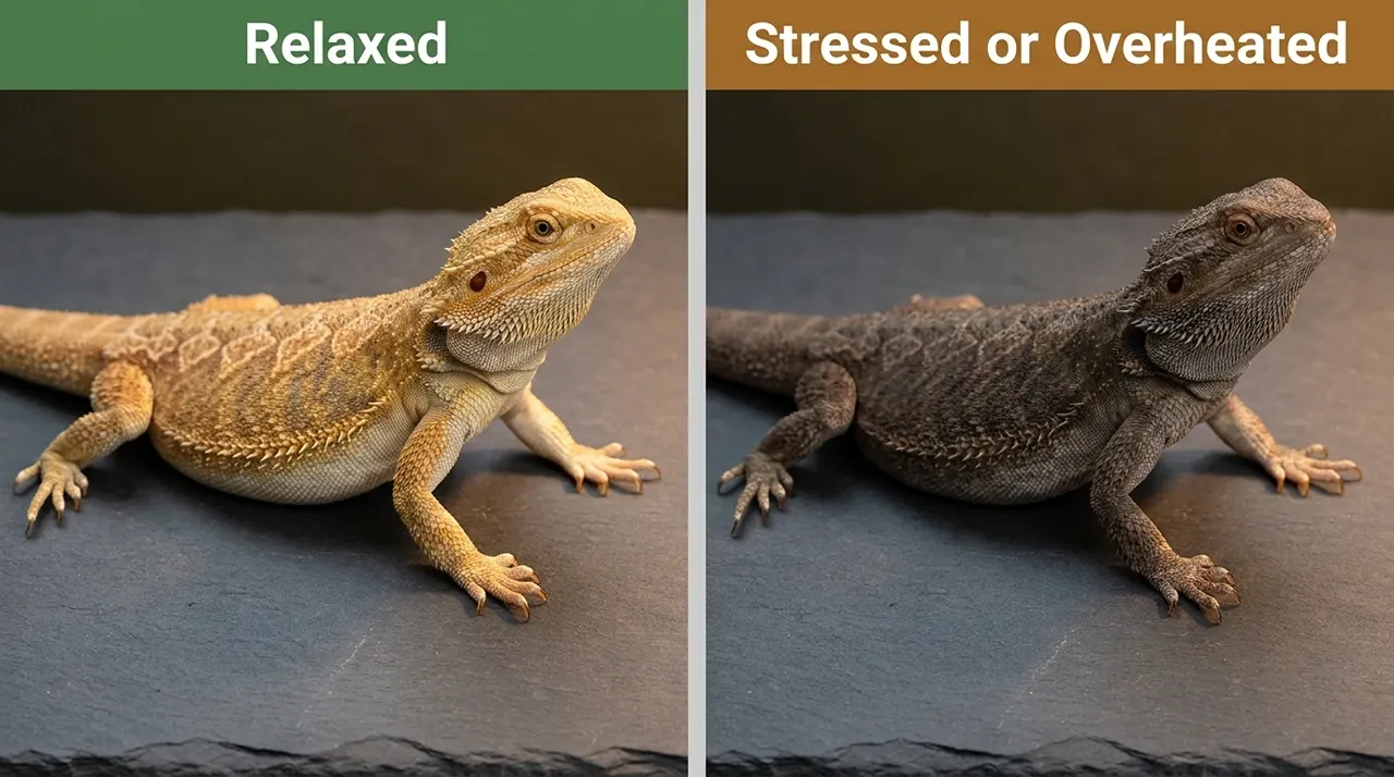 Bearded dragon color comparison showing relaxed golden-tan versus darker stressed or overheated tone