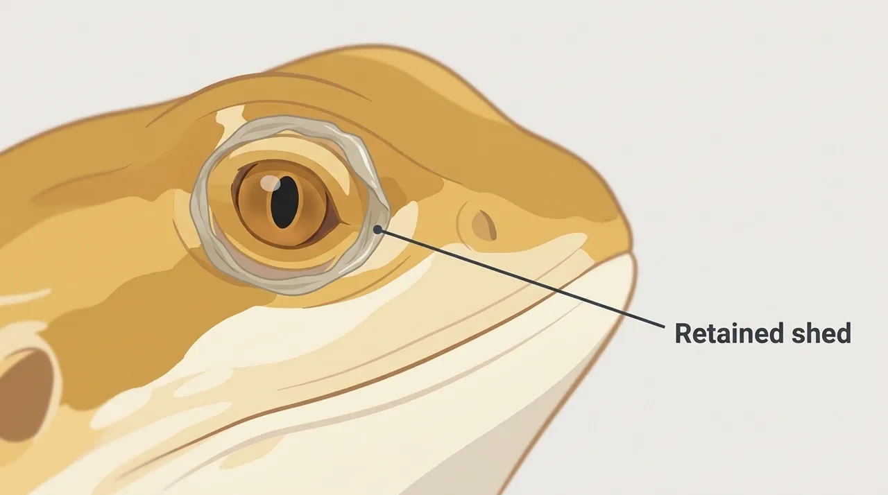 Bearded dragon eye with a ring of retained shed skin clinging to the eyelid margin