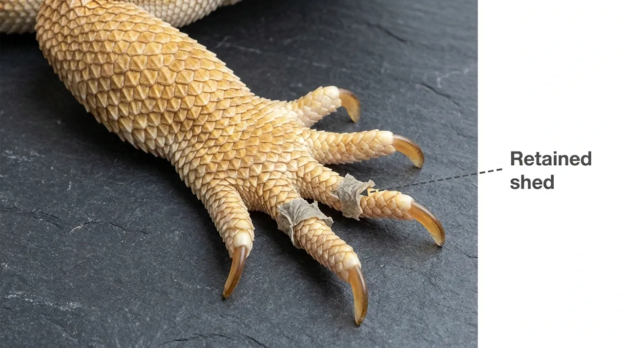Retained shed clinging to a bearded dragon's toes after enclosure humidity ran too low