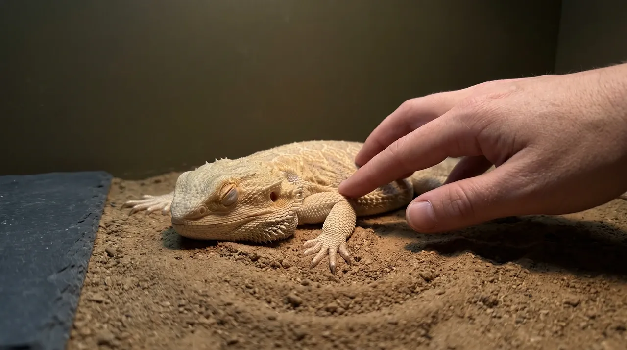 Two fingertips resting lightly on a sleeping bearded dragon's flank during a gentle rouse check