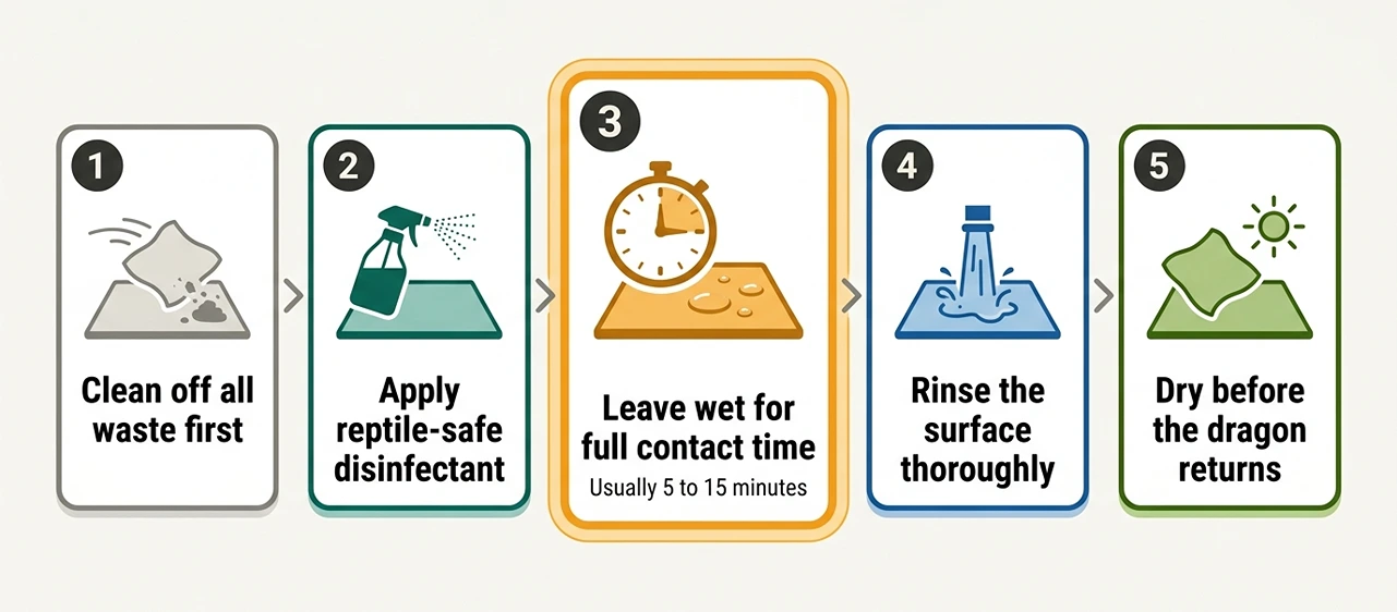 Five-step diagram for disinfecting a bearded dragon enclosure: clean, apply disinfectant, wait contact time, rinse, then dry