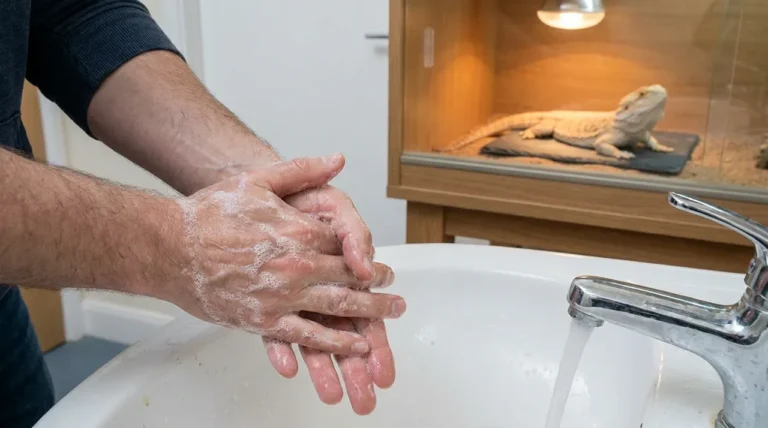 Hand washing to prevent bearded dragon salmonella, with the dragon resting safely in its glass enclosure in the background