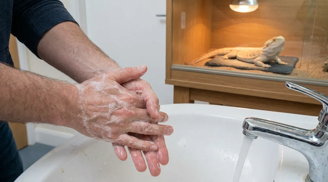 Hand washing to prevent bearded dragon salmonella, with the dragon resting safely in its glass enclosure in the background