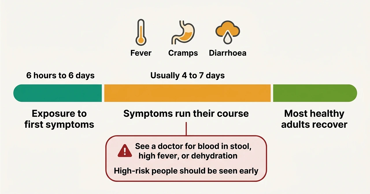 Timeline of human salmonella symptoms: onset 6 hours to 6 days, lasting 4 to 7 days, with red-flag signs that need a doctor