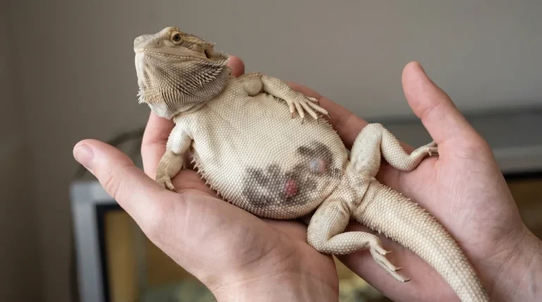 Keeper holding a bearded dragon belly-up showing a dark scale rot patch with a raw red spot on the lower belly