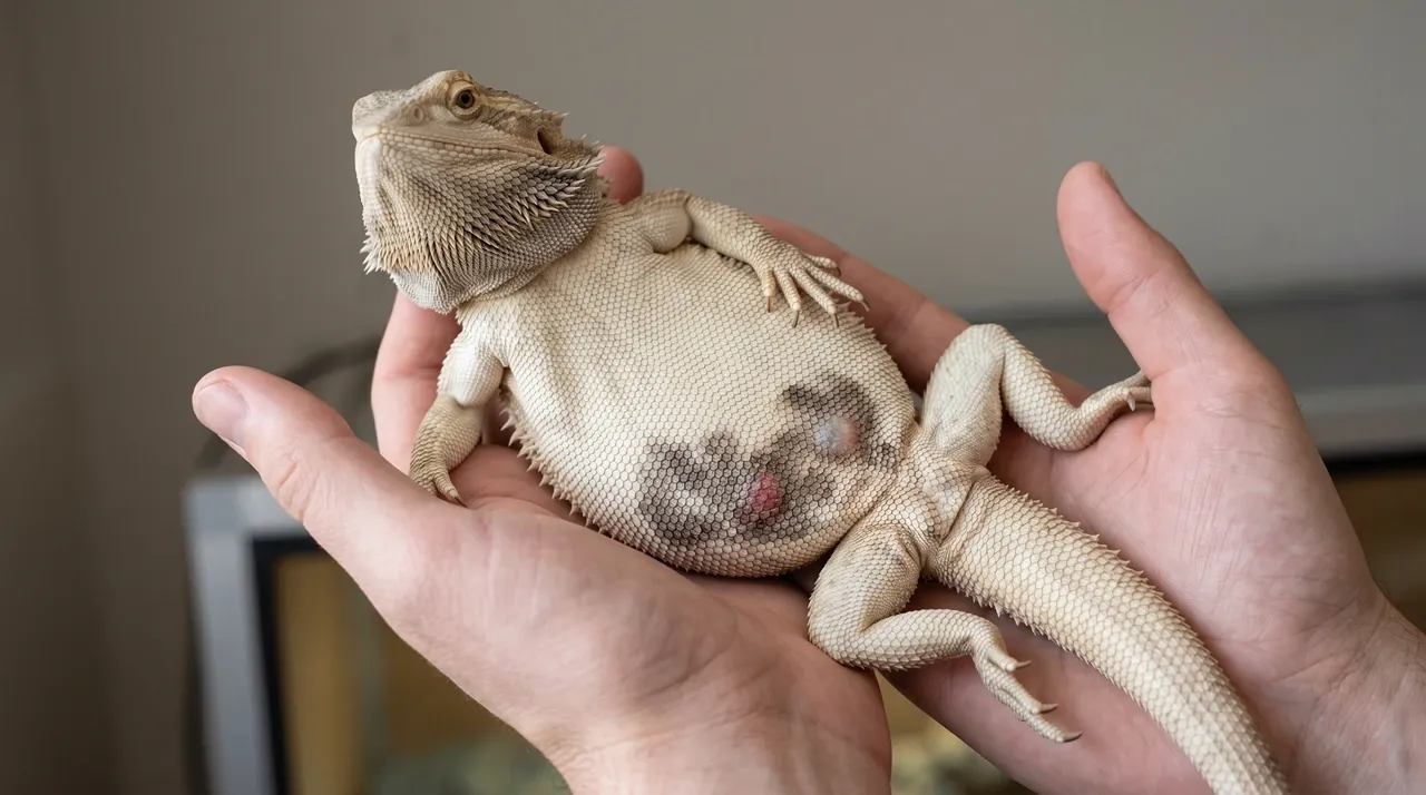 Keeper holding a bearded dragon belly-up showing a dark scale rot patch with a raw red spot on the lower belly