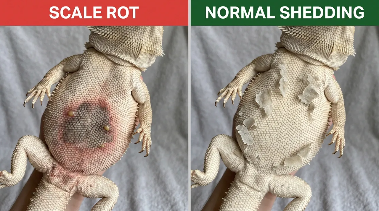 Side by side comparison of bearded dragon scale rot with reddened skin next to a healthy belly shedding papery flakes