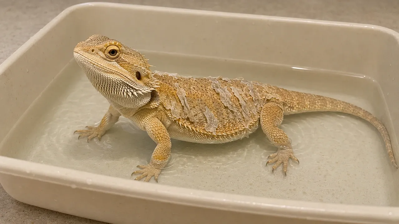 Bearded dragon mid-shed in a shallow plastic tub with water kept below its elbows