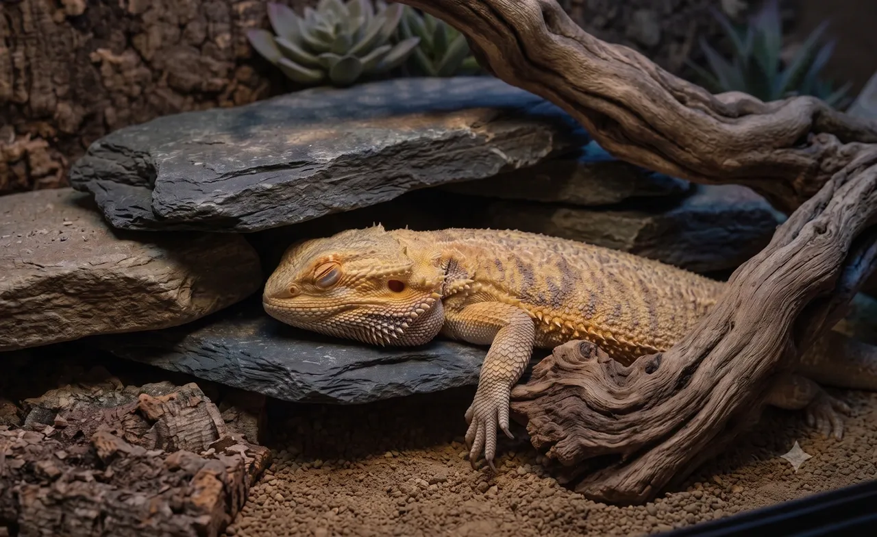 Adult bearded dragon asleep with eyes closed beside a rock hide in a dark enclosure at night