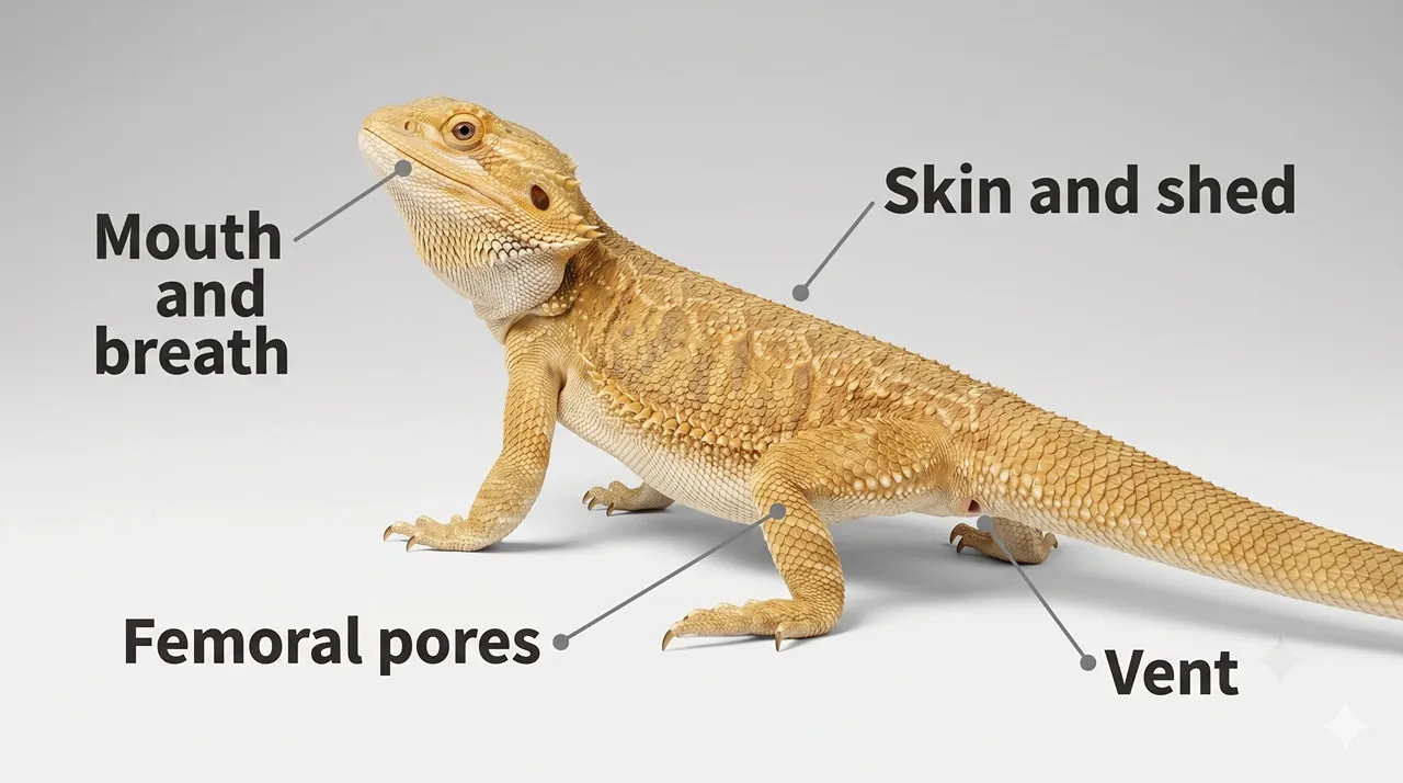 Labelled bearded dragon showing mouth, skin, vent, and femoral pores as the four sources of bad smell