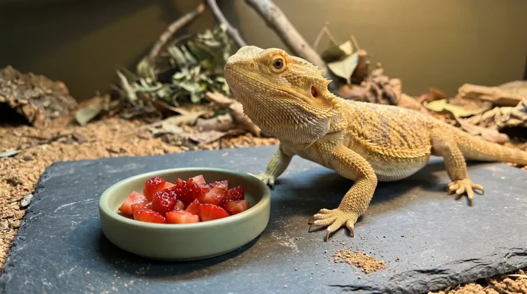 Healthy adult bearded dragon beside a green dish of freshly chopped strawberries on a slate tile