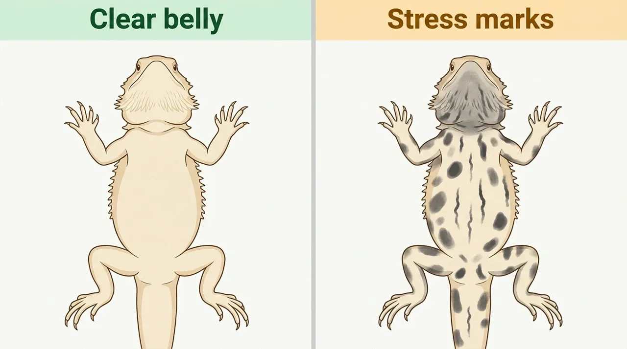 Bearded dragon stress marks shown as dark belly ovals and stripes beside a clear pale belly
