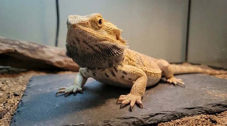 Bearded dragon stress marks visible as dark belly spots and a darkened chin on a subdued dragon