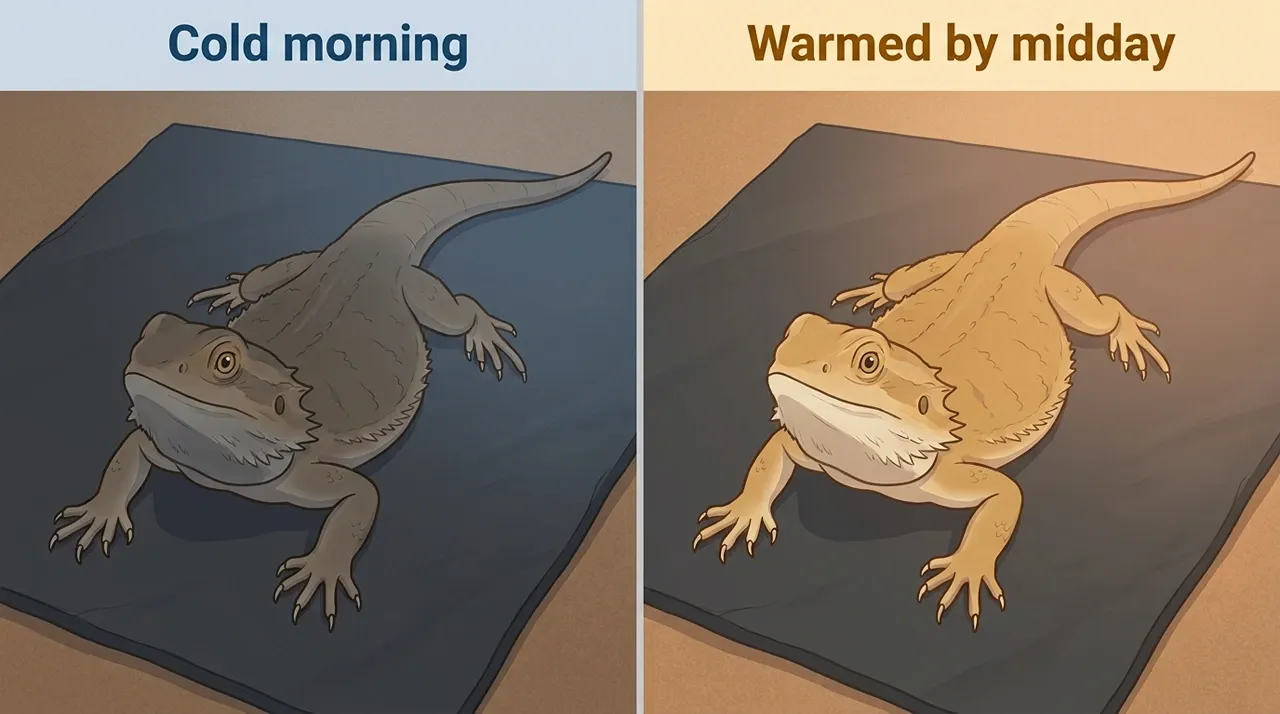 Bearded dragon dark on a cold morning beside the same dragon warm and golden by midday