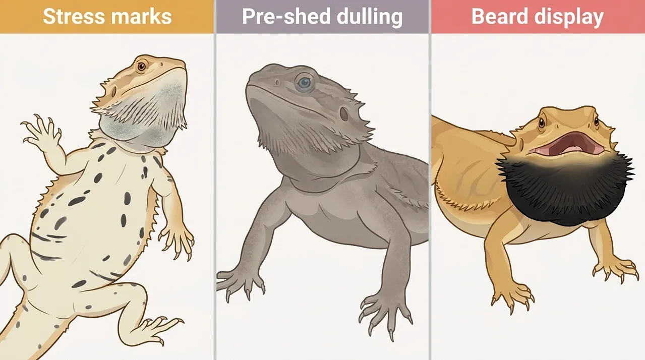 Bearded dragon stress marks beside pre-shed grey dulling and a puffed black beard display