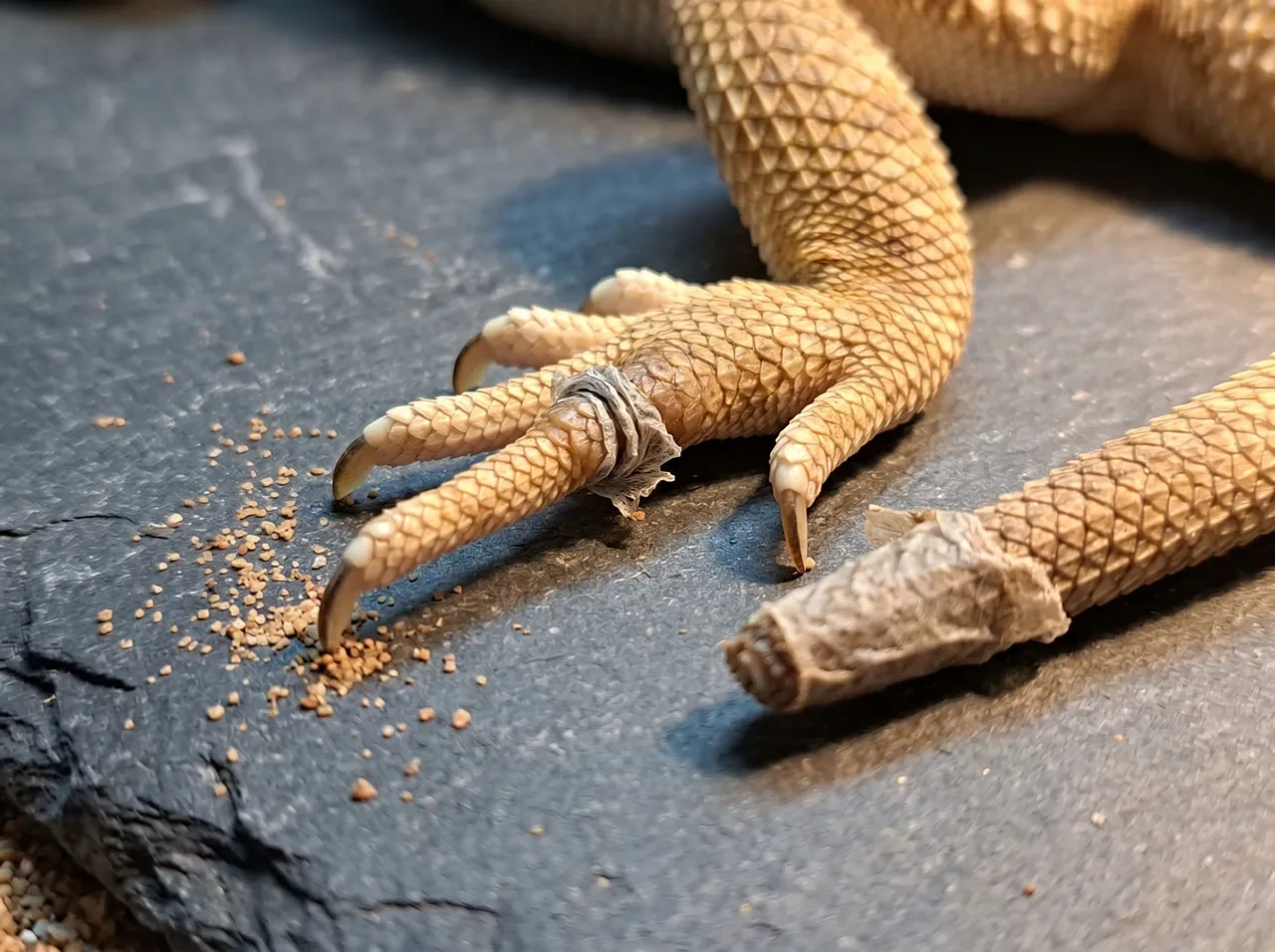 Close-up of a bearded dragon's toe with a tight grey ring of stuck shed and shed clinging to the tail tip