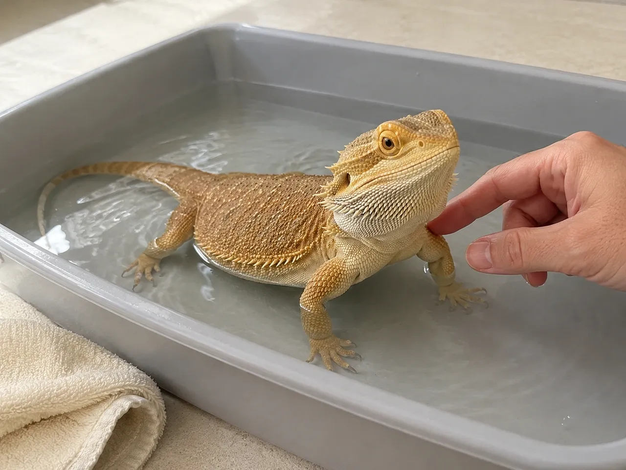 Healthy bearded dragon in a shallow warm bath while a keeper gently checks whether an odour comes from the animal itself