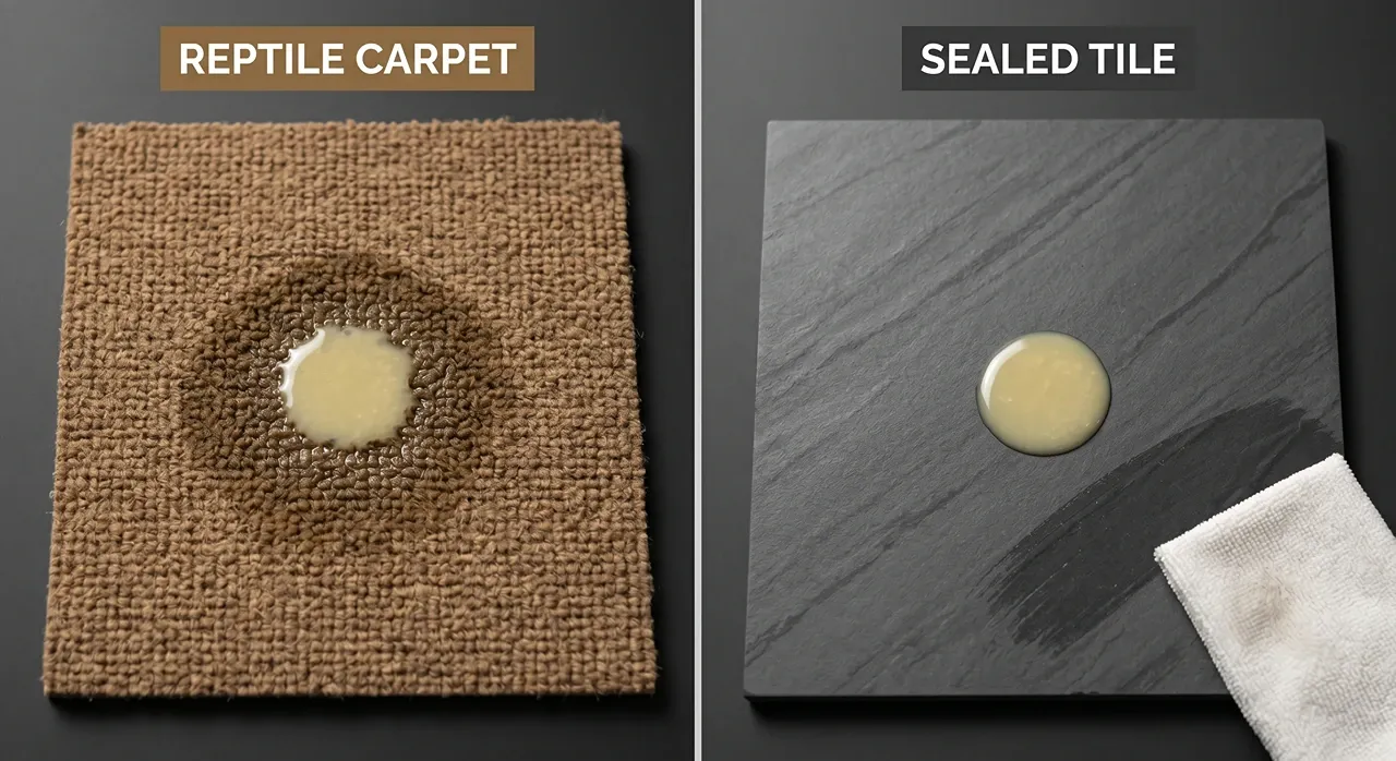 Soaked-in waste stain on reptile carpet beside a sealed slate tile where liquid beads on top and wipes away clean