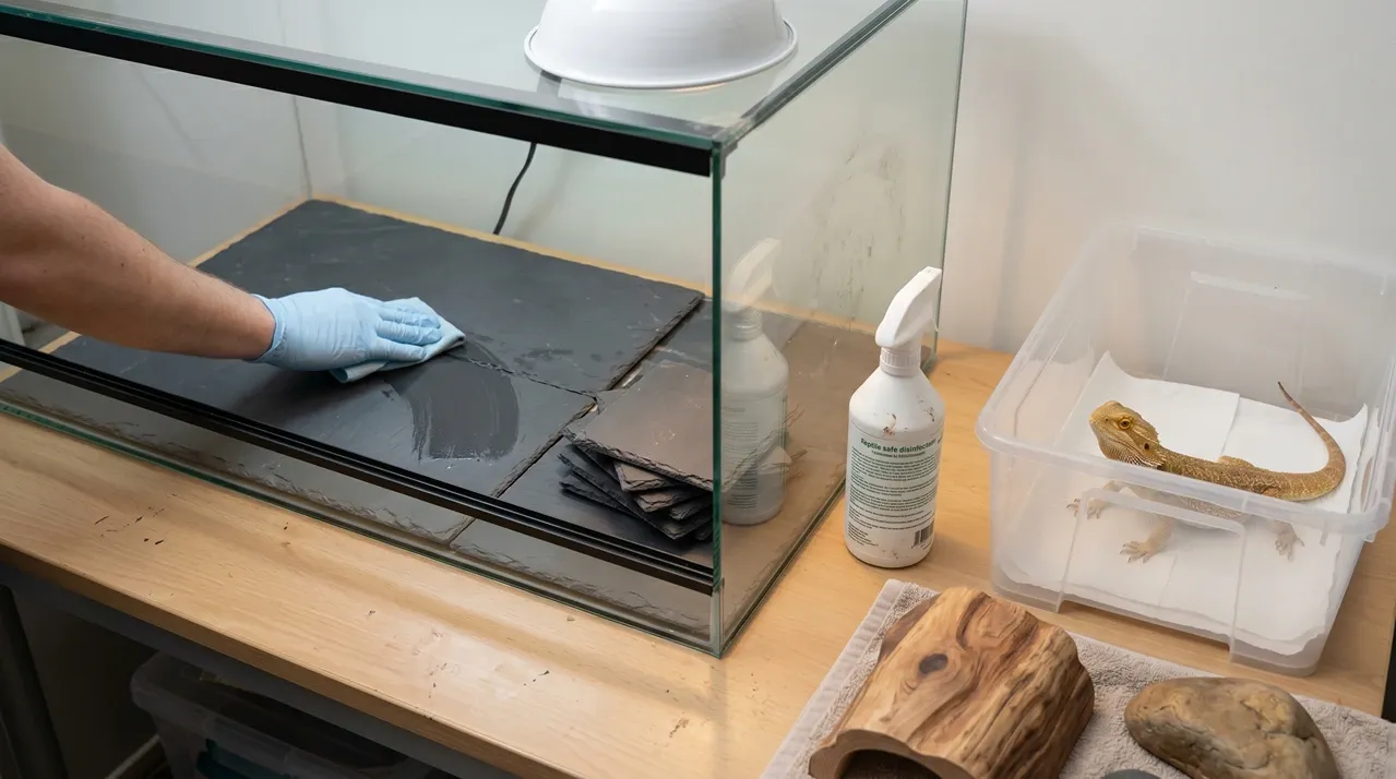 Gloved keeper wiping slate tile in an enclosure with reptile-safe disinfectant while the dragon waits safely in a holding tub
