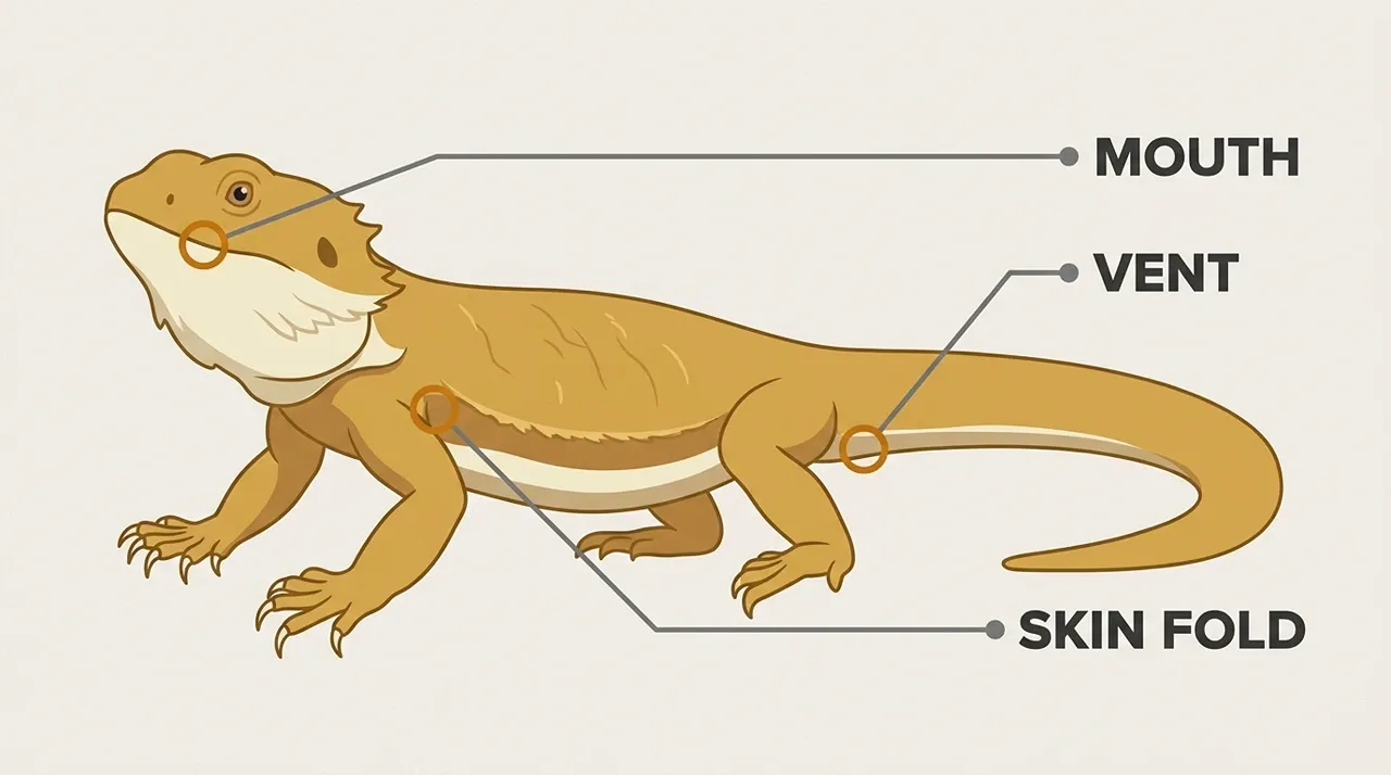 Three places to check when an odour comes from a bearded dragon itself: the mouth, the vent, and the lateral skin folds