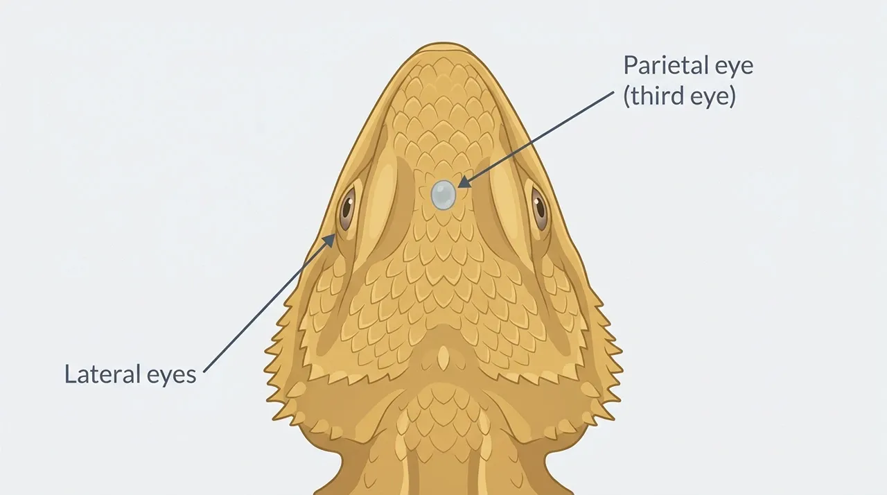 Labelled diagram of a bearded dragon's head showing the parietal third eye on the crown between the two side eyes
