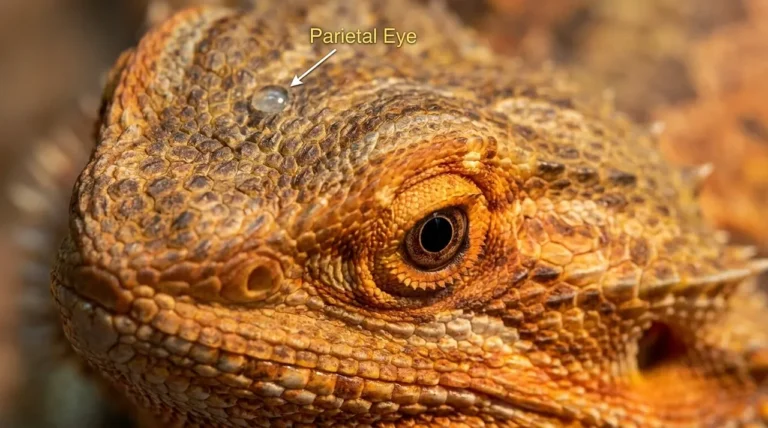Macro comparison of a normal parietal eye, retained shed over it, and a burn on a bearded dragon's head