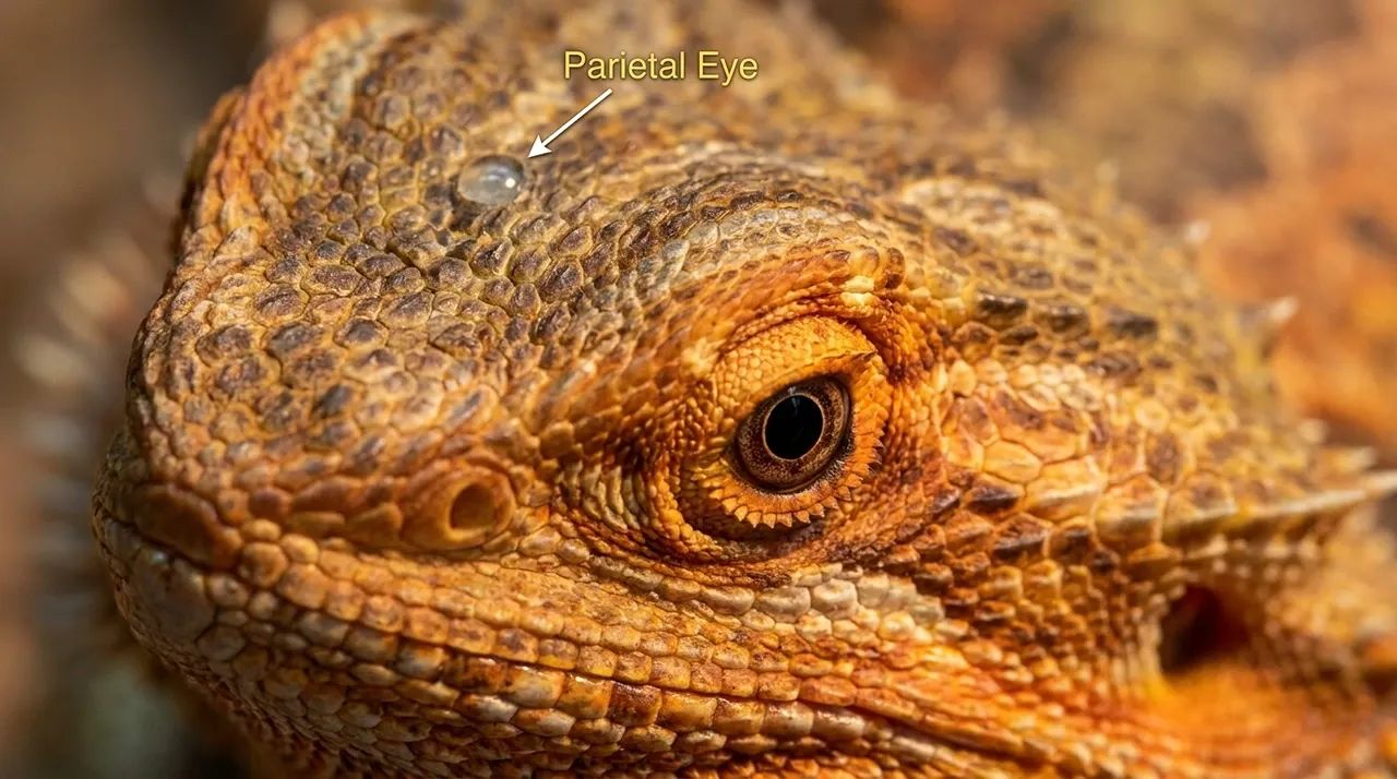 Macro comparison of a normal parietal eye, retained shed over it, and a burn on a bearded dragon's head