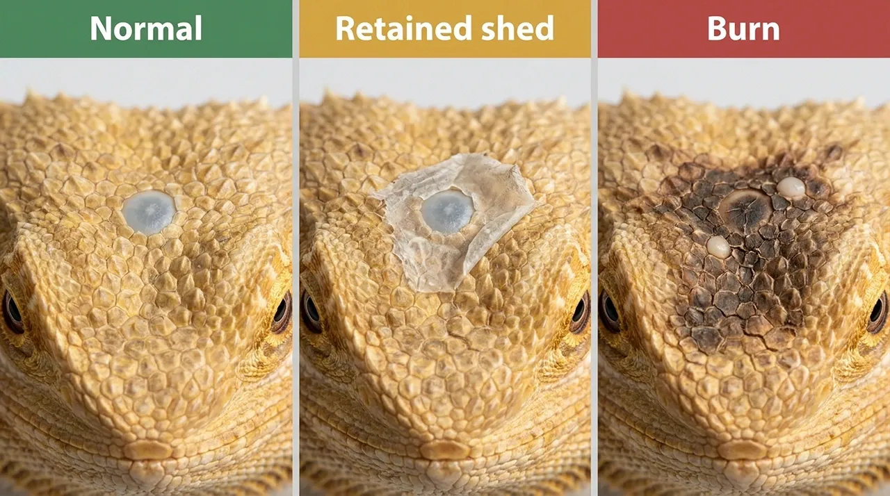 Three bearded dragon third eyes compared, healthy and flat, capped with retained shed, and burnt on the crown