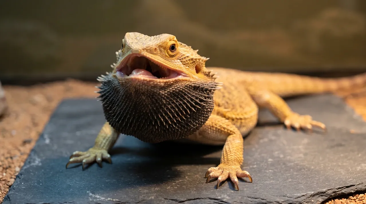 Bearded dragon with a puffed darkened beard and open gaping mouth in a defensive warning display