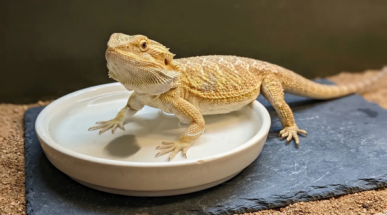 Adult bearded dragon standing in a shallow ceramic dish with the waterline at its knees showing correct water depth